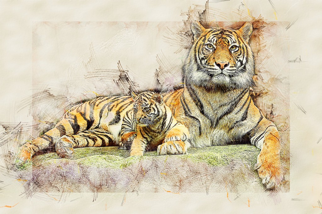 Tygrys z młodym - obraz olejny